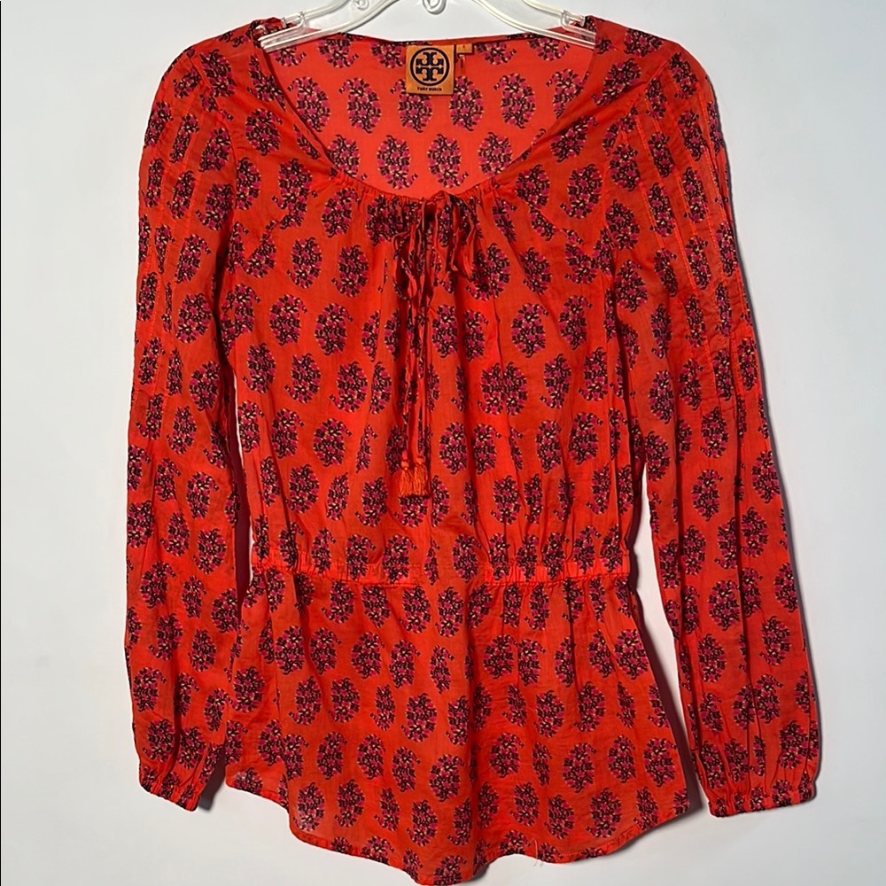 TORY BURCH "Evelina" 100% Cotton Floral Peasant Long SLV Boho/Office Tunic Top 2 - Picture 2 of 16
